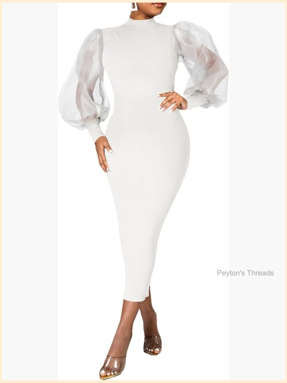 Sheer Mesh Bodycon Midi Dress with Puff Lantern Sleeves and Zipper - Picture 1 of 7